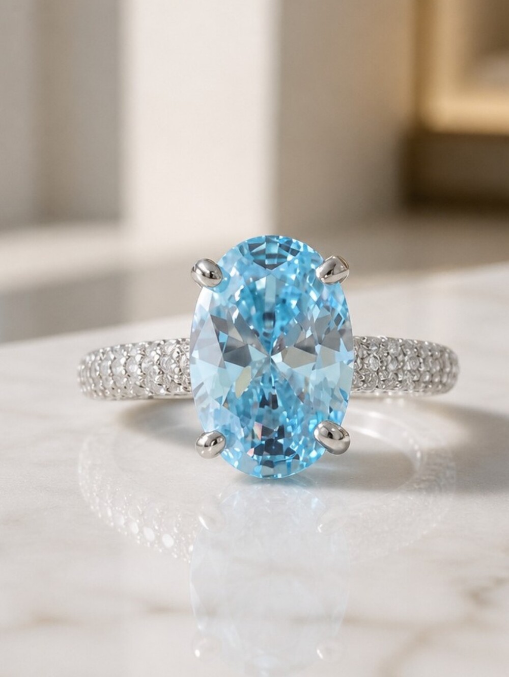 Solid 925 Sterling Silver 4.5 CT Oval Lab Grown Aquamarine Ring Size 6